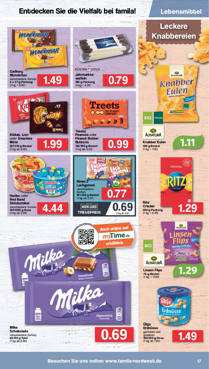 Aktueller Prospekt Famila - Prospekte - von 13.06 bis 18.06.2022 - strona 17 - produkty: beutel, butter, cracker, decke, eis, erdnüsse, haribo, kitkat, lachgummi, lebensmittel, linsen, lion, milka, milka schokolade, Nimm 2, peanut butter, reis, salz, schoko, schokolade, smarties, Ti, ültje, ültje erdnüsse, waffeln