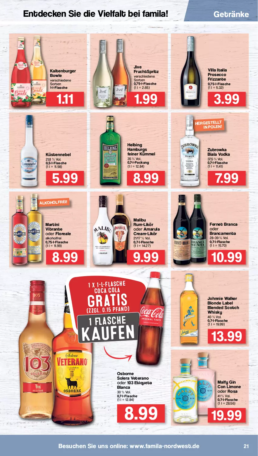 Aktueller Prospekt Famila - Prospekte - von 13.06 bis 18.06.2022 - strona 21 - produkty: alkohol, altenburger, amarula, blended scotch, blended scotch whisky, bowle, burger, cola, decke, ecco, Etiqueta Blanca, Fernet, fernet branca, flasche, frizzante, frucht, getränk, getränke, gin, johnnie walker, likör, limo, loreal, Malibu, martini, osborne, prosecco, rum, scotch, scotch whisky, Ti, veterano, vodka, whisky