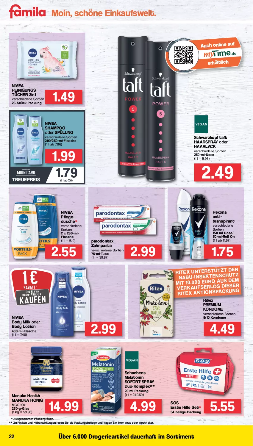 Aktueller Prospekt Famila - Prospekte - von 13.06 bis 18.06.2022 - strona 22 - produkty: Antitranspirant, Apotheke, arla, auer, bier, body, body lotion, body milk, dusche, eis, flasche, Haarlack, haarspray, honig, ilag, Kondome, lack, Lotion, Manuka Honig, nivea, nuk, Parodontax, pasta, Reinigung, reis, rexona, Ritex, Schaebens, schwarzkop, schwarzkopf, shampoo, shampoo oder spülung, spülung, Taft, Ti, tücher, zahnpasta