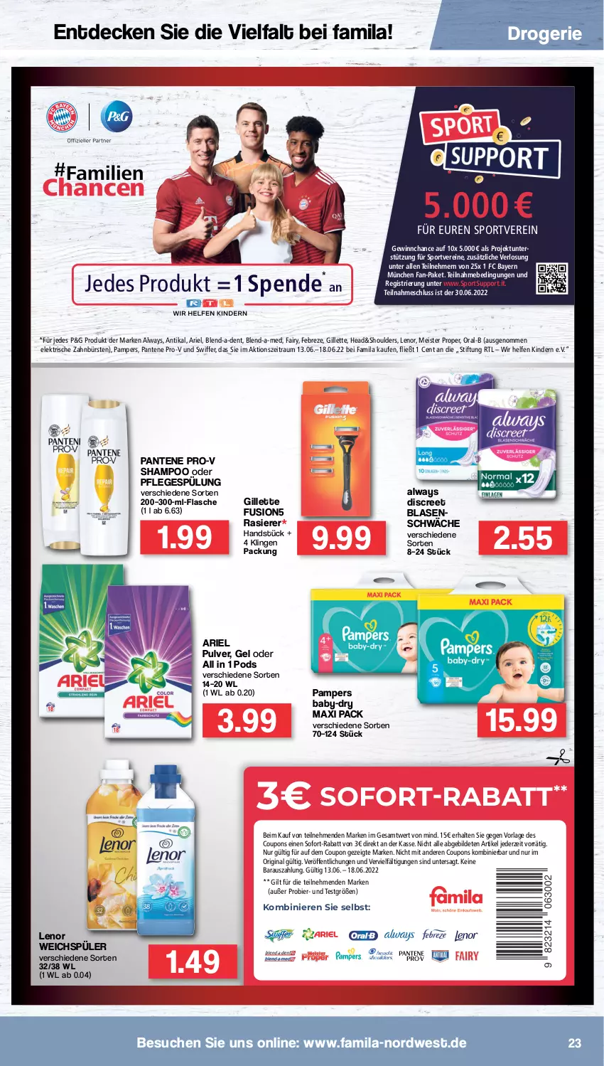 Aktueller Prospekt Famila - Prospekte - von 13.06 bis 18.06.2022 - strona 23 - produkty: Alwa, Always, ariel, baby-dry, bier, blend-a-med, bürste, bürsten, coupon, coupons, decke, Discreet, eis, elektrische zahnbürste, fairy, febreze, flasche, fusion5, gillette, gin, Kinder, lenor, lenor weichspüler, Meister, meister proper, oral-b, pampers, pantene, pantene pro-v, Pflegespülung, Pods, pro-v, rasierer, shampoo, sofort-rabatt, Sport, spülung, swiffer, Ti, weichspüler, zahnbürste, zahnbürsten