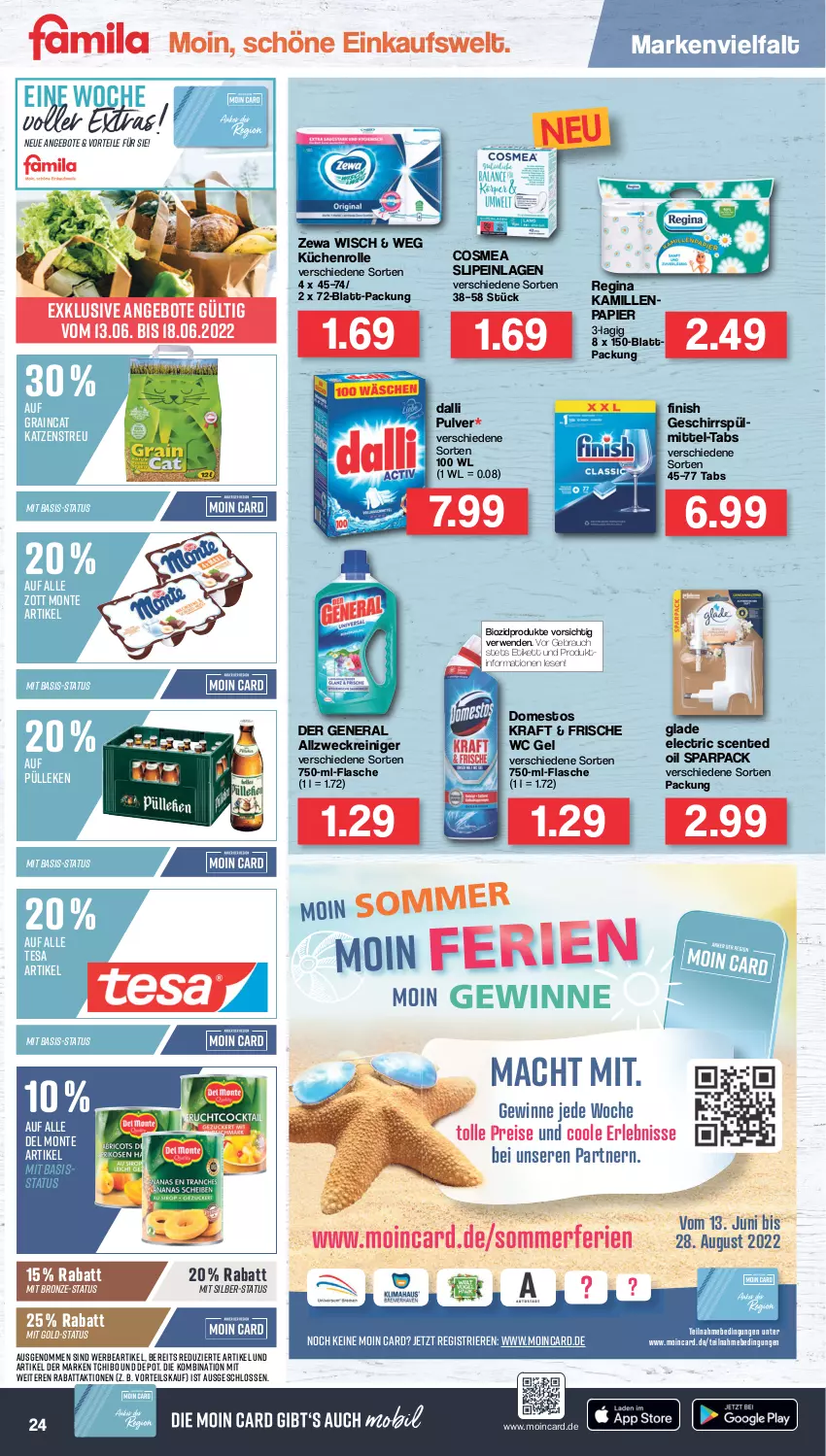 Aktueller Prospekt Famila - Prospekte - von 13.06 bis 18.06.2022 - strona 24 - produkty: allzweckreiniger, angebot, angebote, bio, biozidprodukte, cosmea, dalli, domestos, eis, ente, Finish, flasche, geschirr, geschirrspülmittel, gin, Glade, Kamill, kamille, Katzenstreu, kraft, küche, Küchen, küchenrolle, mac, monte, papier, Rauch, reiniger, reis, rwe, slip, slipeinlagen, spülmittel, Tchibo, tesa, Ti, weck, zewa, zott, Zott Monte