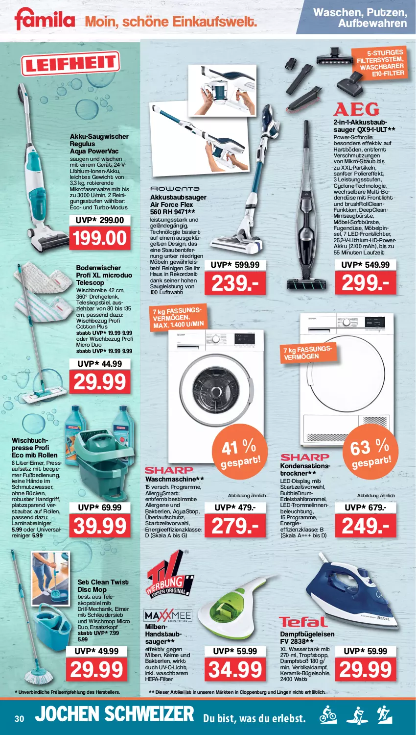 Aktueller Prospekt Famila - Prospekte - von 13.06 bis 18.06.2022 - strona 30 - produkty: Air Force, akku, aqua, aquastop, beleuchtung, bodenwischer, Brei, bügel, Bügeleisen, bürste, dampfbügeleisen, edelstahl, eimer, eis, elle, laminat, mikrofaser, möbel, Pinsel, reiniger, Reinigung, reis, rum, Saugwischer, staubsauger, Teleskop, teleskopstiel, teller, Ti, Tiere, Trockner, trommel, tuc, wasser, wassertank