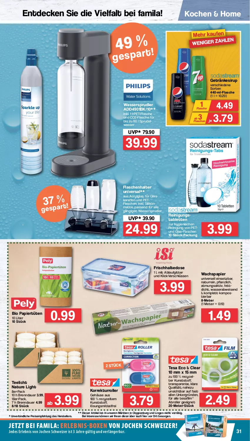 Aktueller Prospekt Famila - Prospekte - von 13.06 bis 18.06.2022 - strona 31 - produkty: auer, bio, decke, eis, elle, ente, flasche, getränk, getränke, getränkesirup, Karaffe, LG, natur, papier, Papiertüte, passend für alle, pet-flasche, Reinigung, reis, Roller, sirup, Sprudel, Stier, tablet, tablett, Tablette, tee, Teelicht, teller, tesa, Ti, Tüte, wasser, wassersprudler