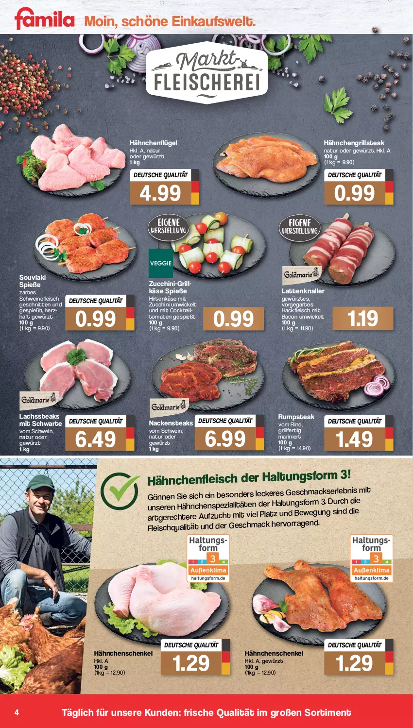 Aktueller Prospekt Famila - Prospekte - von 13.06 bis 18.06.2022 - strona 4 - produkty: bacon, cocktail, eis, fleisch, gewürz, grill, hackfleisch, Hähnchenfleisch, hähnchenflügel, hähnchenschenkel, henkel, hirtenkäse, Käse, lachs, latte, mac, Nackensteak, nackensteaks, natur, rind, rum, rumpsteak, schenkel, schnitten, schwein, schweine, schweinefleisch, Spezi, steak, steaks, Ti, tomate, tomaten, wein, weine, WICK, ZTE, zucchini