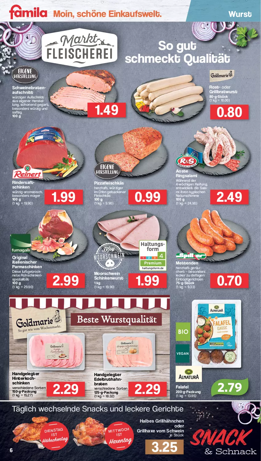 Aktueller Prospekt Famila - Prospekte - von 13.06 bis 18.06.2022 - strona 6 - produkty: aufschnitt, axe, braten, bratenaufschnitt, bratwurst, eintopf, eis, Falafel, fleisch, geback, gin, grill, grillbratwurst, grillhähnchen, grillhaxe, Haxe, Mett, metten, Mettenden, natur, Ofen, parmaschinken, pizza, rind, rinder, ring, rohschinken, saft, salami, schinken, schinkenwurst, schwein, schweine, schweinebraten, snack, snacks, Spezi, Ti, tisch, topf, truthahn, wein, weine, WICK, wurst