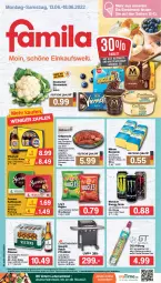 Gazetka promocyjna Famila - Prospekte - Gazetka - ważna od 18.06 do 18.06.2022 - strona 1 - produkty: angebot, angebote, aust, Bau, beutel, blume, blumen, blumenkohl, bugles, cevapcici, deutscher schnittkäse, drink, edelstahl, eis, elle, energy drink, gasgrill, grill, Grillbauch, grillkotelett, grillrippe, grillrost, Holz, holzfällersteaks, kaffee, kaffeepads, Käse, kotelett, langnese, langnese eis, lebensmittel, malz, milram, monster, Monster Energy, pils, pilsener, reis, schnittkäse, schwein, schweine, senseo, Soda, steak, steaks, teller, Ti, veltins, veltins pilsener, vita, vitamalz, wasser, wassersprudler, wein, weine