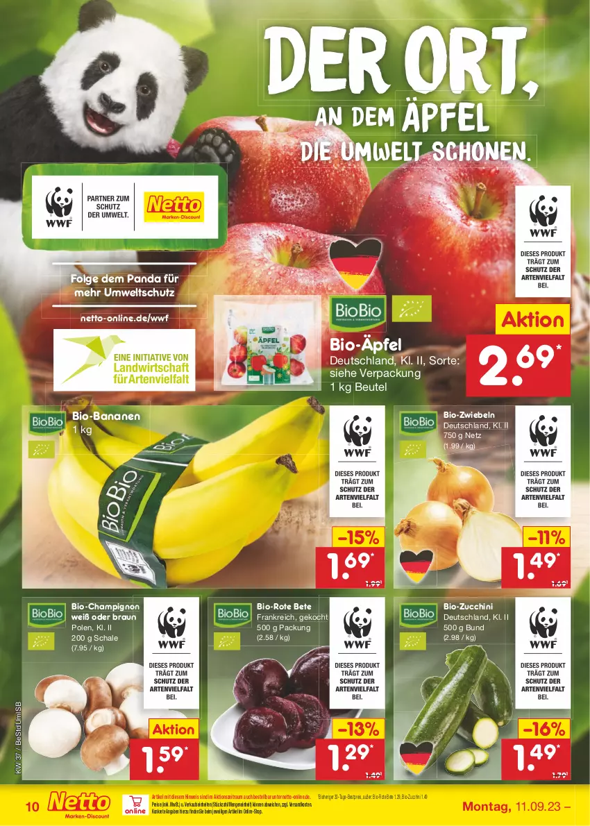 Aktueller Prospekt Netto Marken-Discount - Filial-Angebote - von 11.09 bis 16.09.2023 - strona 12 - produkty: banane, bananen, bestpreis, beutel, bio, bio-bananen, bio-zucchini, braun, champignon, eis, LG, ndk, reis, rote bete, Schal, Schale, Ti, zucchini, zwiebel, zwiebeln