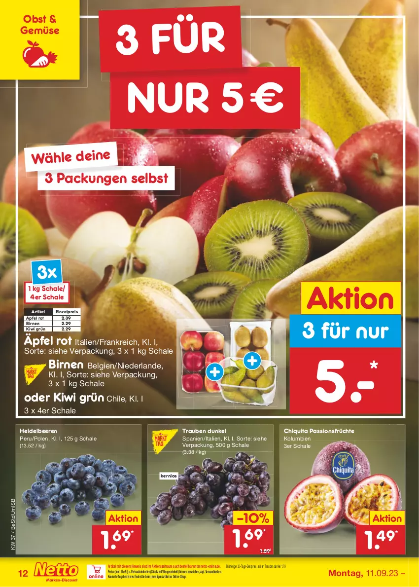 Aktueller Prospekt Netto Marken-Discount - Filial-Angebote - von 11.09 bis 16.09.2023 - strona 14 - produkty: beere, beeren, bestpreis, Birnen, chiquita, eis, früchte, heidelbeere, heidelbeeren, kiwi, LG, ndk, obst, reis, Schal, Schale, Ti, trauben