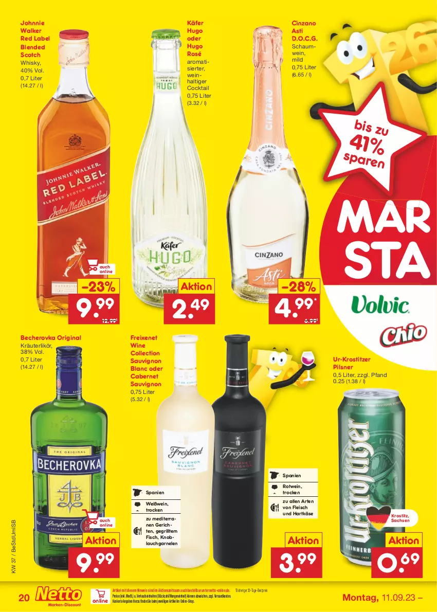 Aktueller Prospekt Netto Marken-Discount - Filial-Angebote - von 11.09 bis 16.09.2023 - strona 22 - produkty: asti, Becher, Becherovka, bestpreis, blended scotch, cabernet, cabernet sauvignon, cin, cinzano, Cinzano Asti, cocktail, eis, fisch, fleisch, freixenet, garnelen, gin, grill, hartkäse, hero, hugo, johnnie walker, käfer, Käse, knoblauch, kräuter, kräuterlikör, likör, ndk, pils, pilsner, reis, rotwein, sac, sauvignon, sauvignon blanc, scotch, Ti, wein, Weißwein, whisky