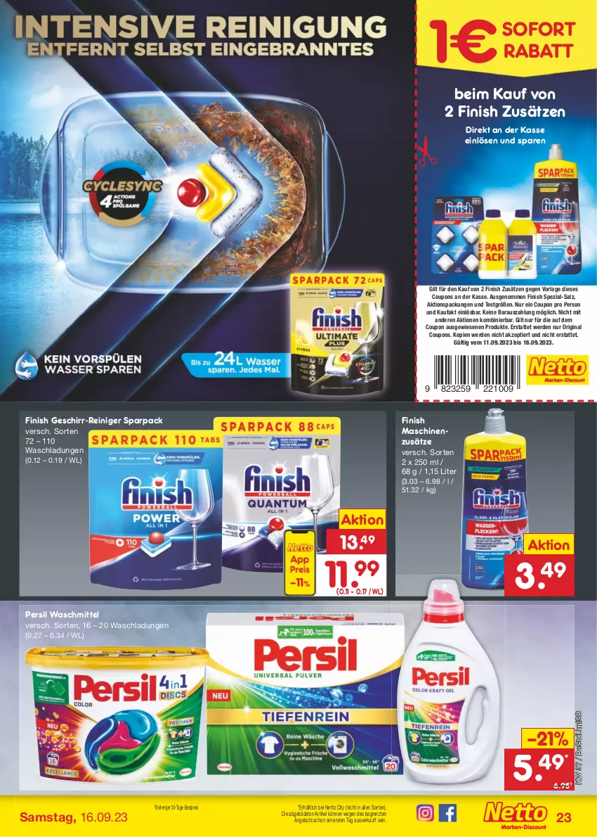 Aktueller Prospekt Netto Marken-Discount - Filial-Angebote - von 11.09 bis 16.09.2023 - strona 25 - produkty: angebot, bestpreis, coupon, coupons, eis, erde, Finish, geschirr, gin, persil, persil waschmittel, reiniger, reis, salz, Spezi, Ti, waschmittel, ZTE