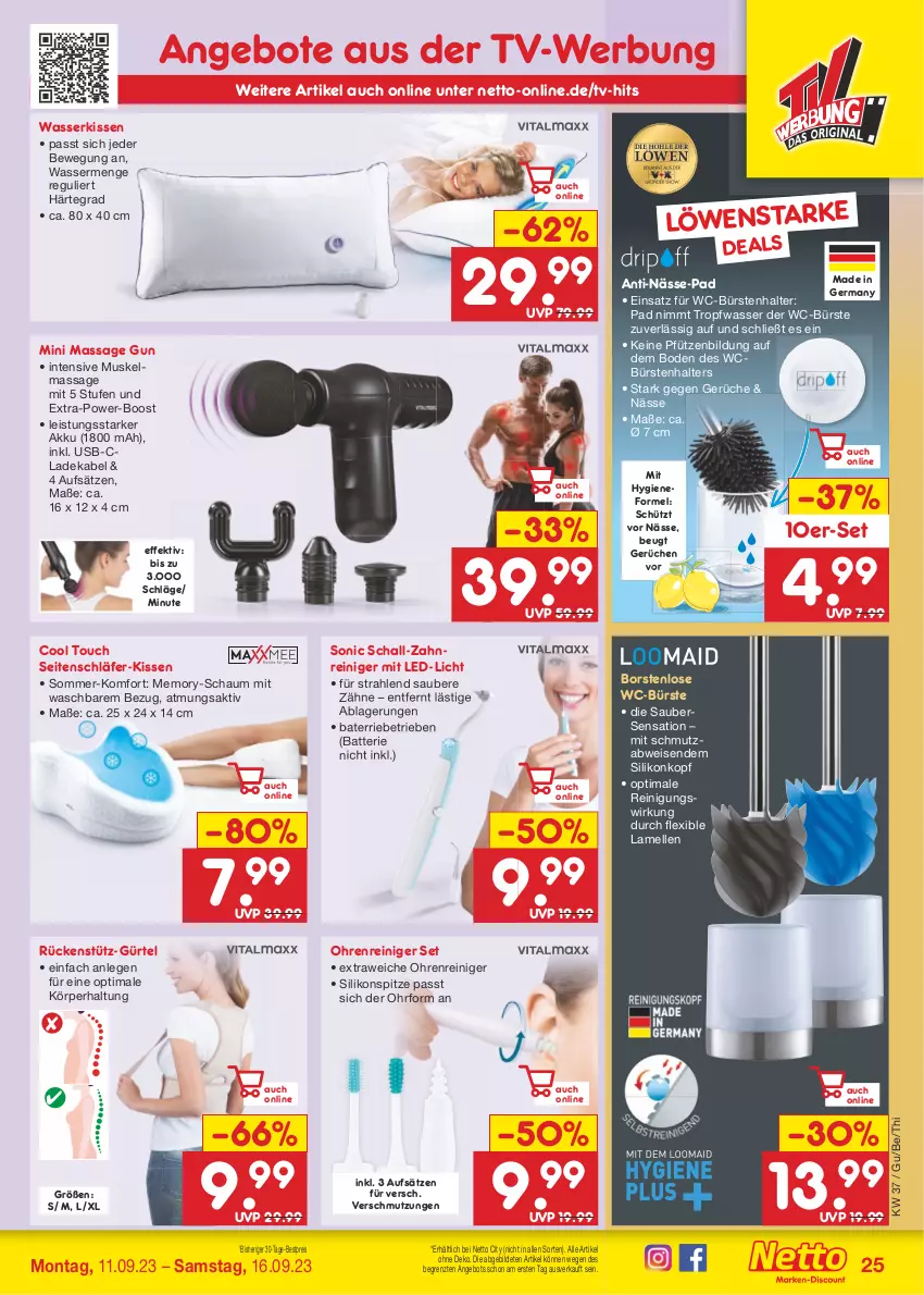 Aktueller Prospekt Netto Marken-Discount - Filial-Angebote - von 11.09 bis 16.09.2023 - strona 27 - produkty: akku, angebot, angebote, batterie, bestpreis, bürste, bürsten, deka, eis, elle, Germ, gsw, kissen, ladekabel, led-licht, reiniger, Reinigung, reis, Schal, Ti, usb, wasser, WC-Bürste, ZTE