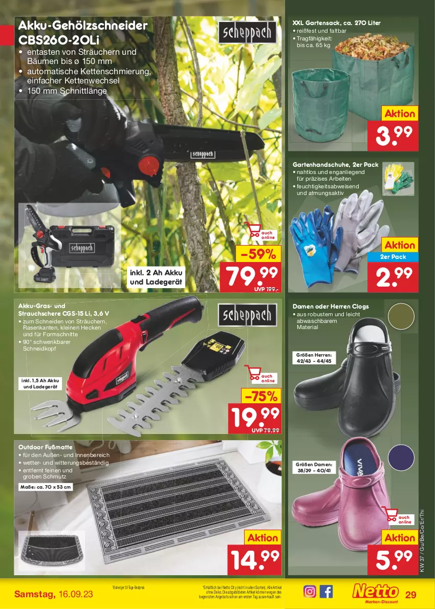 Aktueller Prospekt Netto Marken-Discount - Filial-Angebote - von 11.09 bis 16.09.2023 - strona 31 - produkty: akku, angebot, auto, bestpreis, Clogs, eis, Fußmatte, Garten, Gartensack, handschuhe, Kette, ladegerät, leine, Liege, rasen, Rauch, reis, Ria, sac, Schere, schuhe, Strauchschere, Ti, tisch, ZTE