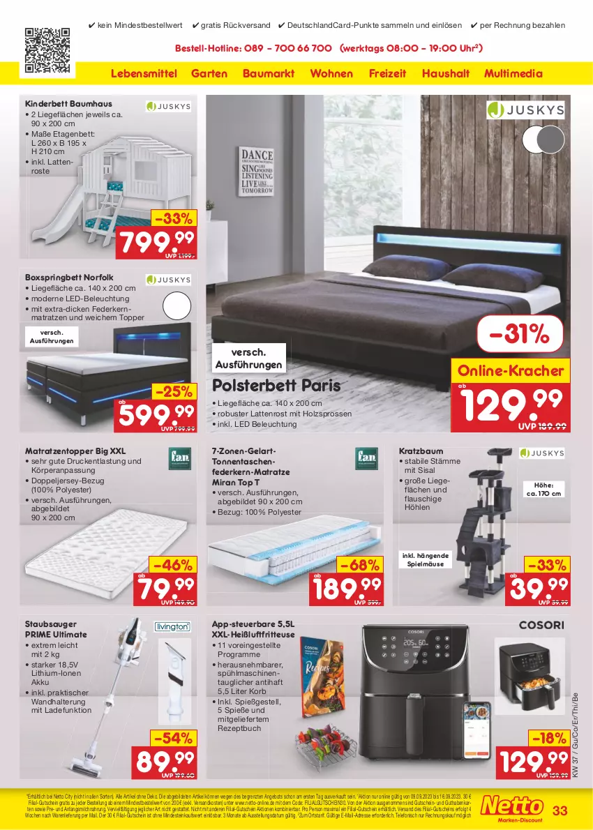 Aktueller Prospekt Netto Marken-Discount - Filial-Angebote - von 11.09 bis 16.09.2023 - strona 35 - produkty: akku, angebot, Bau, beleuchtung, bett, boxspringbett, buch, deutschlandcard, eis, Etagenbett, federkern, federkernmatratze, fritteuse, Garten, guthabenkarte, gutschein, Heißluftfritteuse, Holz, kernmatratze, Kinder, Kinderbett, korb, kracher, Kratzbaum, latte, lattenrost, lebensmittel, led-beleuchtung, LG, Liege, matratze, matratzen, Matratzentopper, milch, Mode, ndk, polsterbett, reis, rezept, ring, staubsauger, Tasche, taschen, taschenfederkern-matratze, telefon, Ti, tisch, topper, uhr, wandhalterung, ZTE