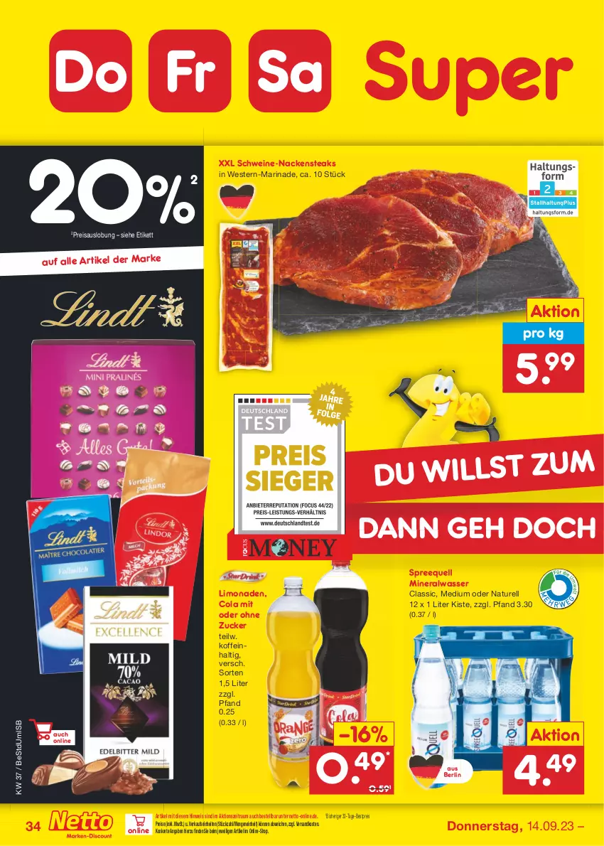 Aktueller Prospekt Netto Marken-Discount - Filial-Angebote - von 11.09 bis 16.09.2023 - strona 36 - produkty: Alwa, bestpreis, cola, eis, limo, limonade, limonaden, marinade, mineralwasser, Nackensteak, nackensteaks, natur, ndk, reis, rel, schwein, schweine, Spreequell, steak, steaks, Ti, wasser, wein, weine, Weste, zucker