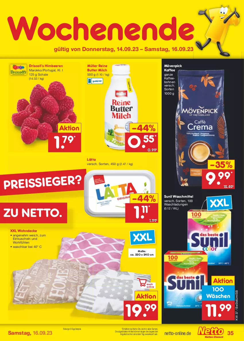 Aktueller Prospekt Netto Marken-Discount - Filial-Angebote - von 11.09 bis 16.09.2023 - strona 37 - produkty: angebot, beere, beeren, bestpreis, bohne, bohnen, butter, decke, eis, himbeer, himbeere, himbeeren, kaffee, kaffeebohnen, lätta, milch, mövenpick, mövenpick kaffee, Müller, reis, reiss, Schal, Schale, sunil, Ti, waschmittel, ZTE