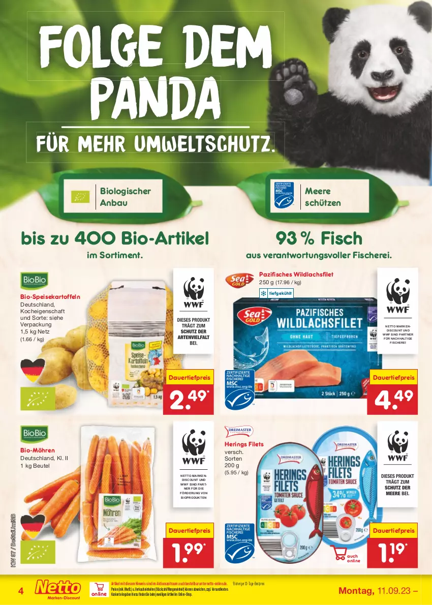 Aktueller Prospekt Netto Marken-Discount - Filial-Angebote - von 11.09 bis 16.09.2023 - strona 4 - produkty: auer, Bau, bestpreis, beutel, bio, dauertiefpreis, eis, filet, filets, fisch, fische, Fischer, hering, Herings, kartoffel, kartoffeln, lachs, lachsfilet, LG, möhren, ndk, reis, ring, Schere, Schütze, speisekartoffeln, Ti, tiefpreis, Wild, wildlachs