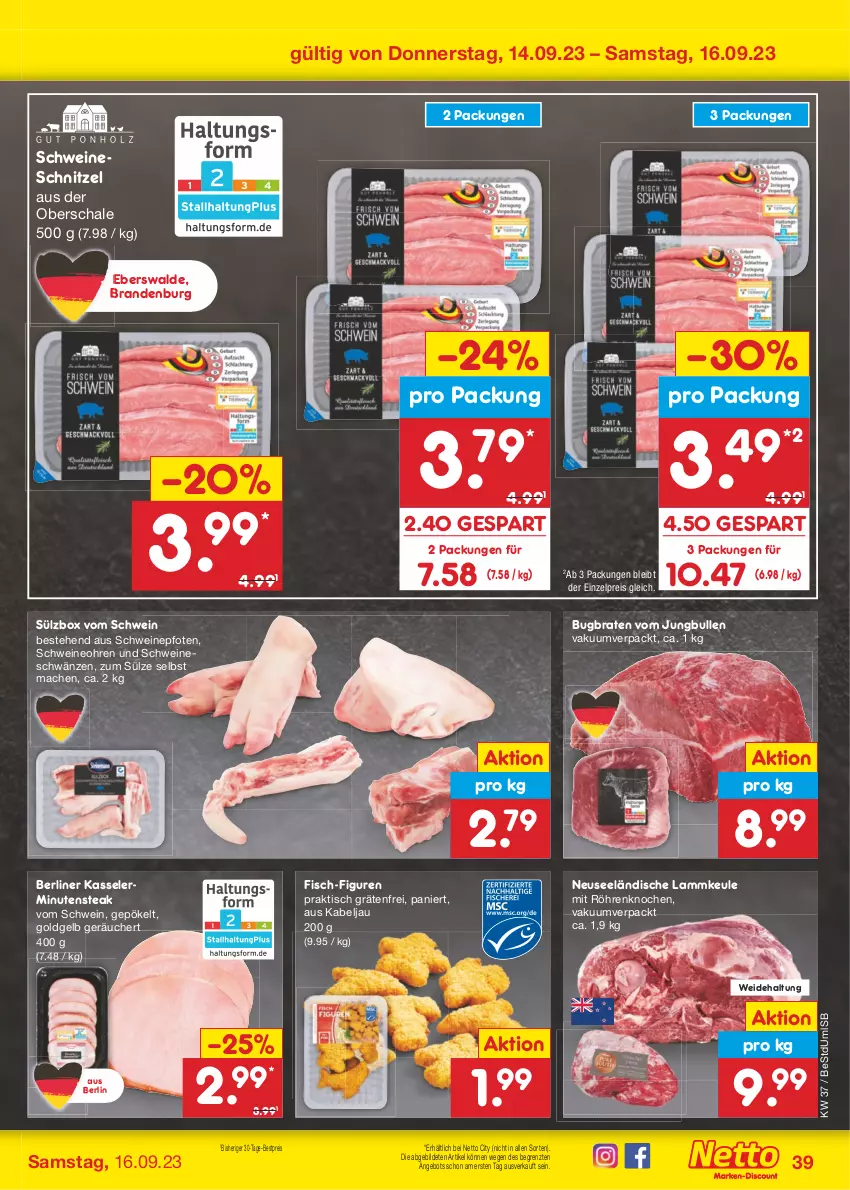 Aktueller Prospekt Netto Marken-Discount - Filial-Angebote - von 11.09 bis 16.09.2023 - strona 41 - produkty: angebot, berliner, bestpreis, braten, eis, fisch, jungbullen, kasseler, lamm, lammkeule, mac, reis, Schal, Schale, schnitzel, schwein, schweine, schweineschnitzel, steak, Ti, tisch, wein, weine, ZTE