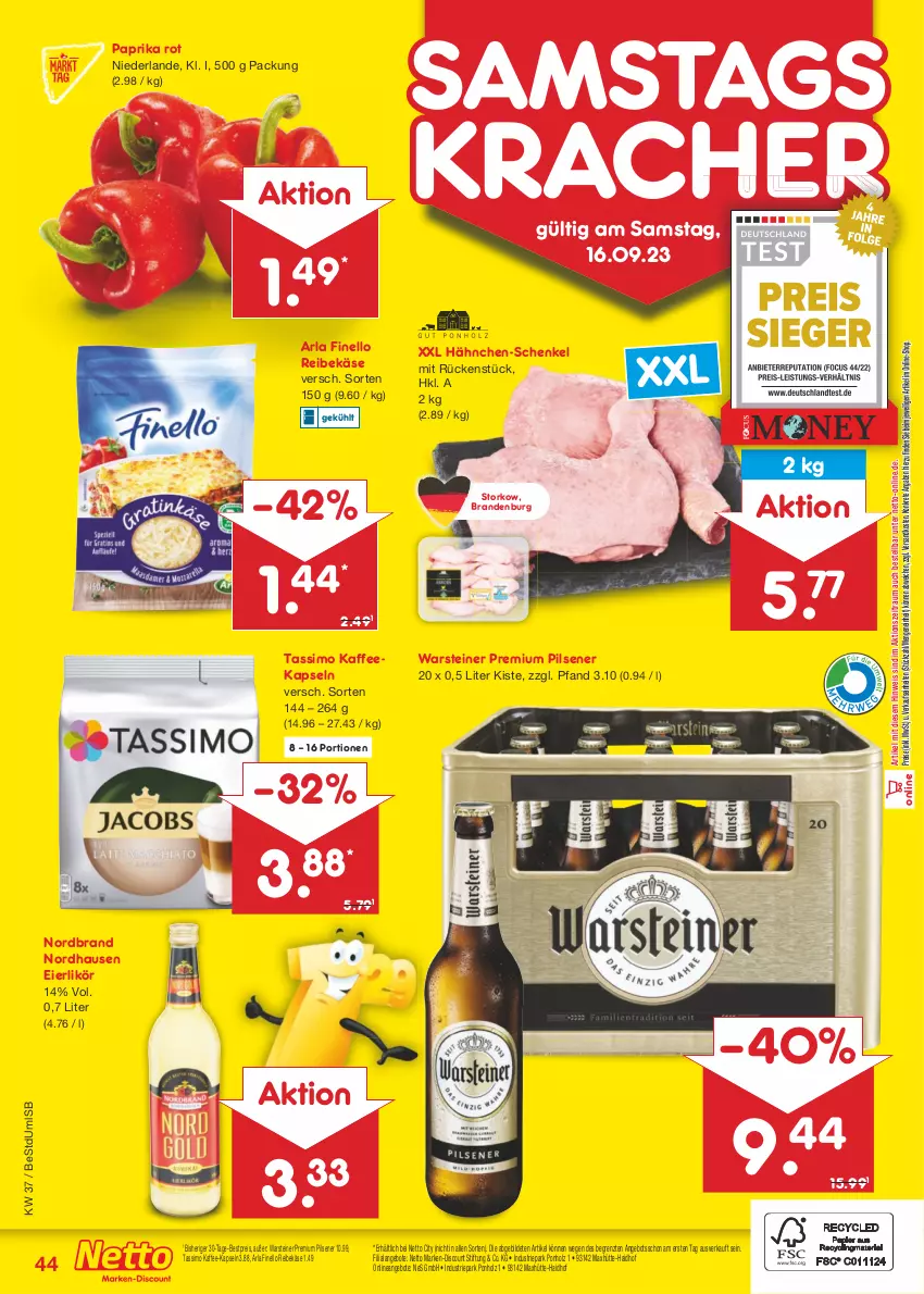 Aktueller Prospekt Netto Marken-Discount - Filial-Angebote - von 11.09 bis 16.09.2023 - strona 46 - produkty: angebot, angebote, arla, bestpreis, discount, eier, eierlikör, eis, finello, hähnchen-schenkel, henkel, Holz, kaffee, kaffee-kapseln, kaffeekapseln, Käse, kracher, likör, marken-discount, ndk, nordbrand, paprika, paprika rot, pils, pilsener, premium pils, Reibekäse, reis, schenkel, sim, steiner, tassimo, Ti, warsteiner, ZTE