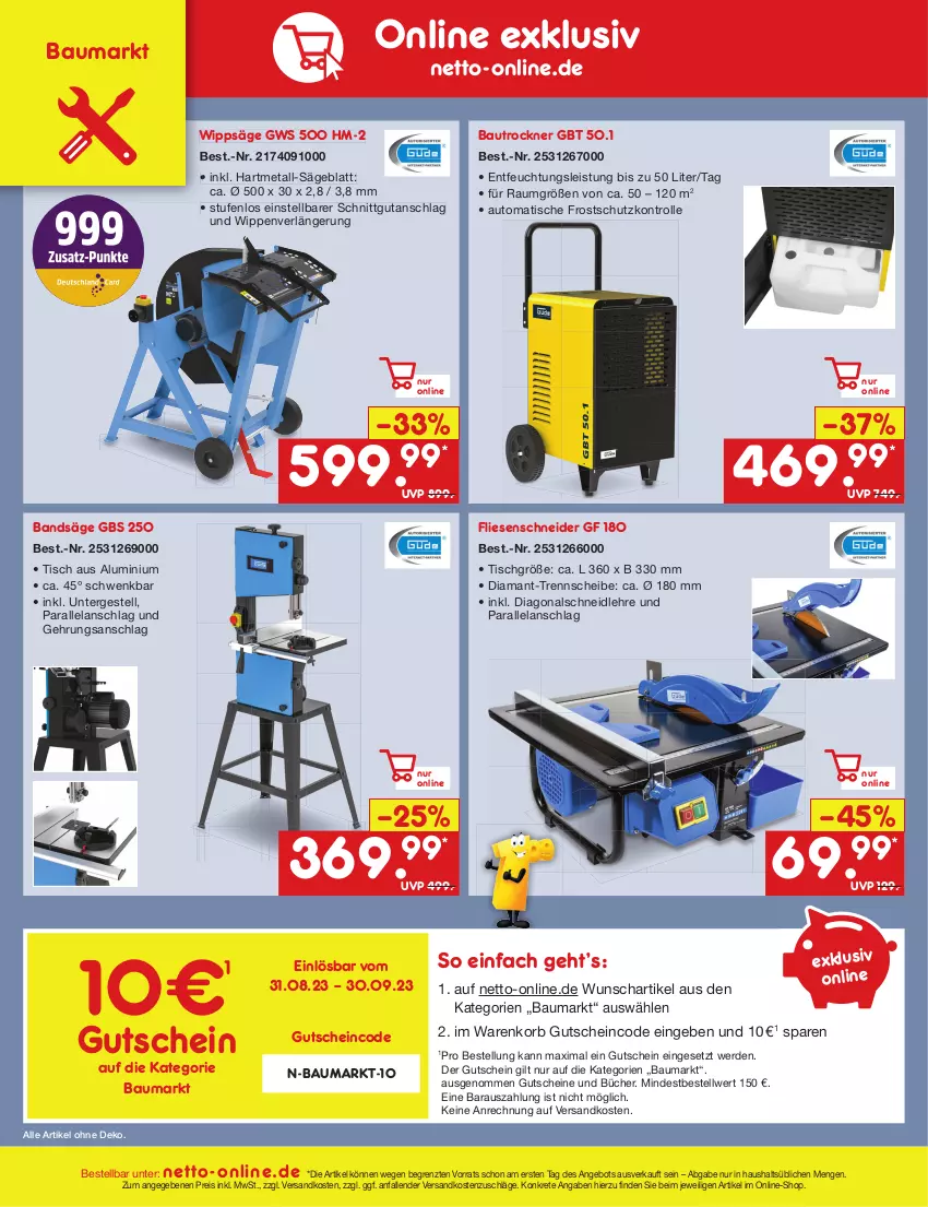 Aktueller Prospekt Netto Marken-Discount - Filial-Angebote - von 11.09 bis 16.09.2023 - strona 50 - produkty: angebot, auto, Bau, eis, Elan, erde, gutschein, gutscheine, korb, ndk, reis, säge, Ti, tisch, Trockner, ZTE