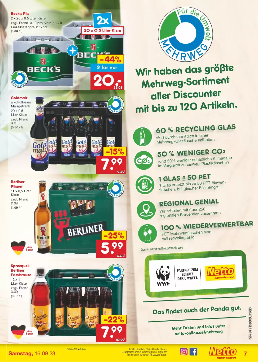 Aktueller Prospekt Netto Marken-Discount - Filial-Angebote - von 11.09 bis 16.09.2023 - strona 9 - produkty: alkohol, angebot, asti, berliner, bestpreis, brause, Clin, discount, eis, elle, fassbrause, flasche, getränk, glasflasche, malz, pils, pilsner, reis, rwe, Spreequell, Ti, ZTE