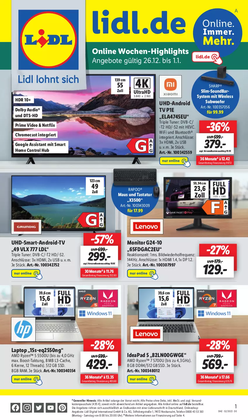 Aktueller Prospekt Lidl - Wochen-Highlights im Onlineshop - von 26.12.2022 bis 01.01.2023 - strona 1 - produkty: Android TV, angebot, angebote, deo, dvb, eis, elle, HDMI, Laptop, Maus, monitor, ndk, netflix, reis, rel, ryzen, Schal, Schale, Sharp, soundbar, ssd, Subwoofer, Tastatur, telefon, Ti, tuner, uhd, uhr, usb