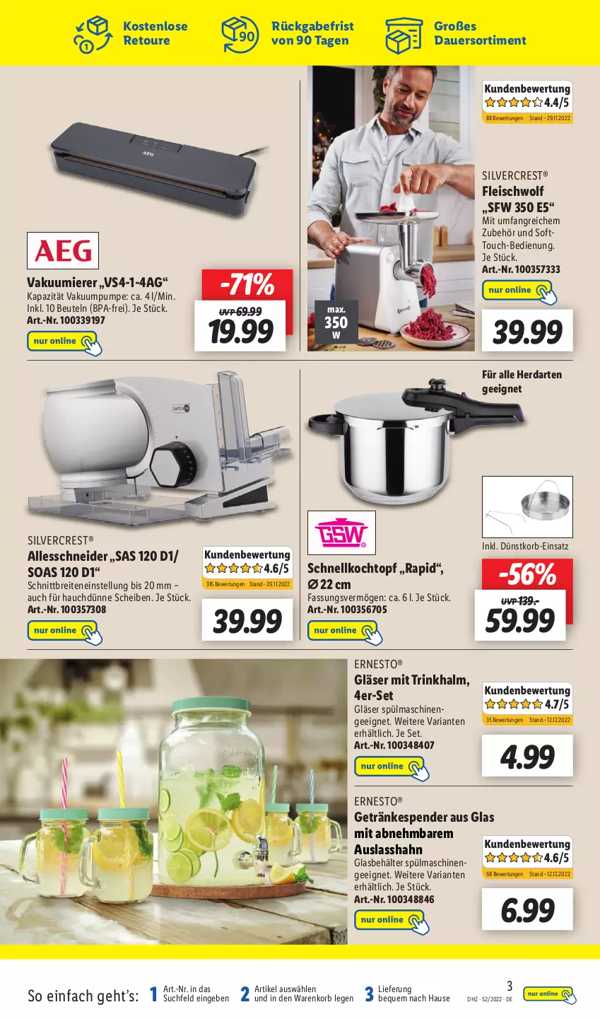 Aktueller Prospekt Lidl - Wochen-Highlights im Onlineshop - von 26.12.2022 bis 01.01.2023 - strona 3 - produkty: auer, Behälter, beutel, Brei, eis, ernesto, fleisch, getränk, getränke, getränkespender, Gläser, herdarten, Kochtopf, korb, Ria, Schnellkochtopf, silvercrest, spülmaschinen, Ti, topf, Vakuumierer