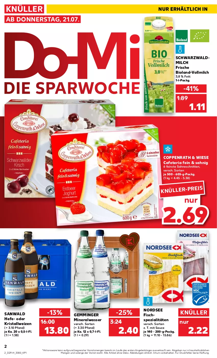 Aktueller Prospekt Kaufland - Spezielle Angebote - von 21.07 bis 27.07.2022 - strona 2 - produkty: Alwa, angebot, bio, bioland, coppenrath, eis, emmi, fisch, Fischspezialitäten, Hefe, milch, mineralwasser, Nordsee, Ria, sahne, sauce, schnitten, Spezi, Ti, vollmilch, wasser, ZTE