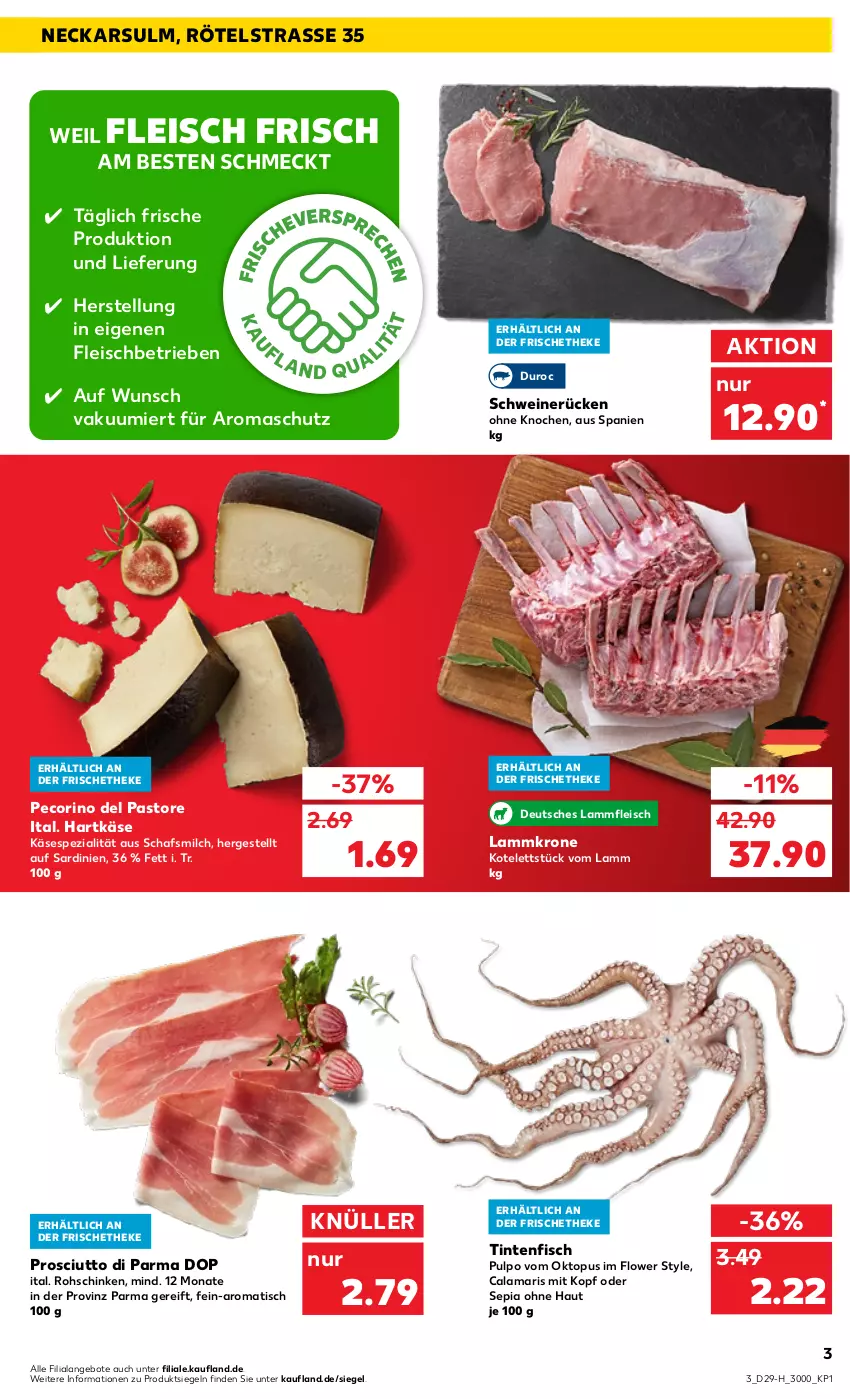 Aktueller Prospekt Kaufland - Spezielle Angebote - von 21.07 bis 27.07.2022 - strona 3 - produkty: angebot, angebote, Calamari, eis, fisch, fleisch, hartkäse, Käse, kotelett, krone, lamm, Lammfleisch, Lammkrone, milch, Pecorino, prosciutto, Prosciutto di Parma, rohschinken, schinken, schwein, schweine, schweinerücken, Spezi, Ti, tisch, wein, weine