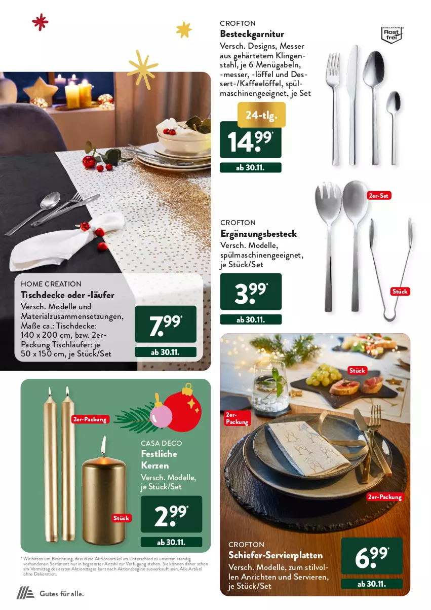 Aktueller Prospekt AldiSud - Vorfreude auf Weihnachten. - von 12.10 bis 24.12.2023 - strona 32 - produkty: alle artikel ohne dekoration, Anrichte, besteck, casa deco, Crofton, decke, dekoration, dell, dessert, eckgarnitur, elle, gabel, garnitur, gin, kaffee, kerze, latte, Läufer, LG, Löffel, messer, Mode, Ria, Servierplatten, spülmaschinen, Ti, tisch, tischdecke, tischläufer, ZTE