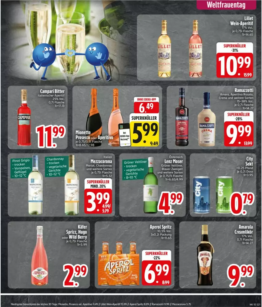 Aktueller Prospekt Edeka - Prospekte - von 03.03 bis 08.03.2025 - strona 21 - produkty: amarula, aperol, campari, corona, ecco, flasche, Geflügel, grüner veltliner, hugo, käfer, Lenz Moser, likör, lillet, mezzacorona, mionetto, moser, prosecco, rama, ramazzott, ramazzotti, reifen, shirt, Sprizz, tee, Ti, wein, zott, ZTE