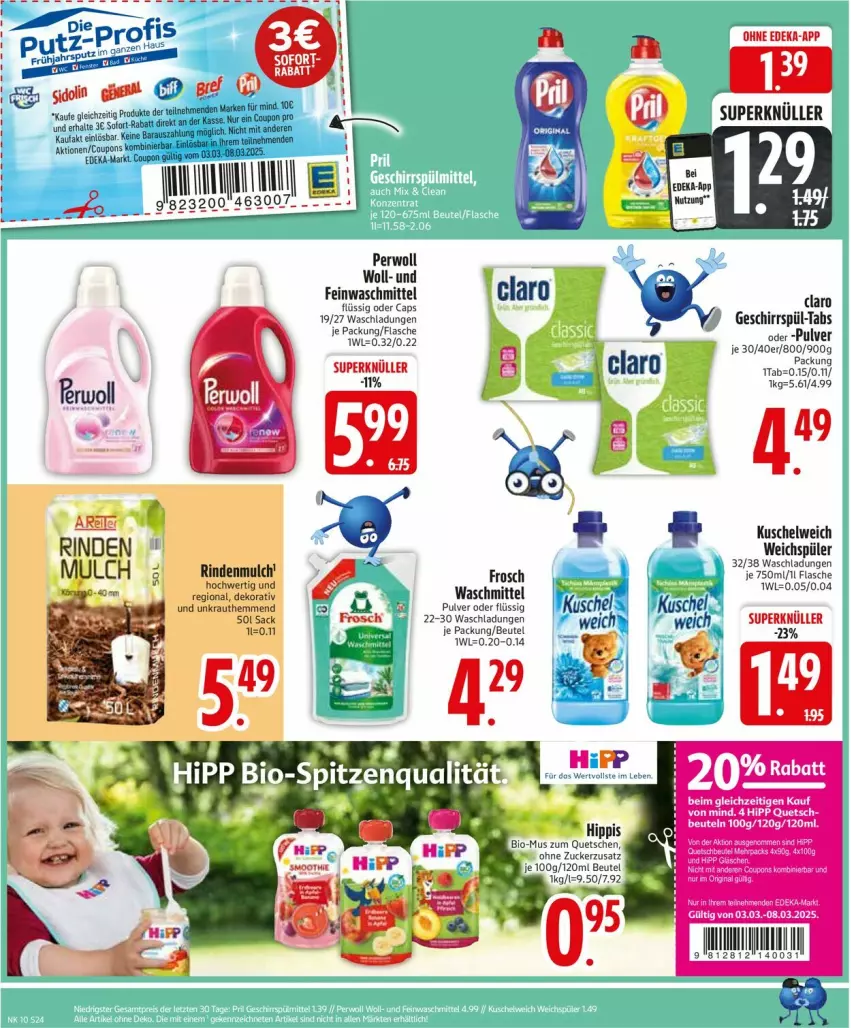 Aktueller Prospekt Edeka - Prospekte - von 03.03 bis 08.03.2025 - strona 24 - produkty: beutel, bio, Cap, coupon, coupons, deka, feinwaschmittel, flasche, Frosch, geschirr, hipp, Kuschelweich, perwoll, rind, rindenmulch, sac, sofort-rabatt, Ti, waschmittel, weichspüler, zucker