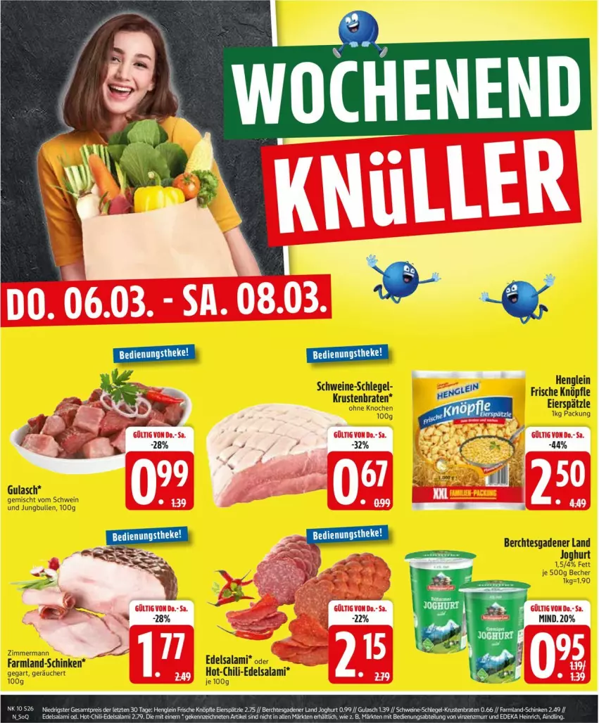 Aktueller Prospekt Edeka - Prospekte - von 03.03 bis 08.03.2025 - strona 26 - produkty: Becher, braten, chili, Edelsalami, eier, eierspätzle, gulasch, henglein, joghur, joghurt, jungbullen, krustenbraten, salami, schinken, schwein, schweine, wein, weine