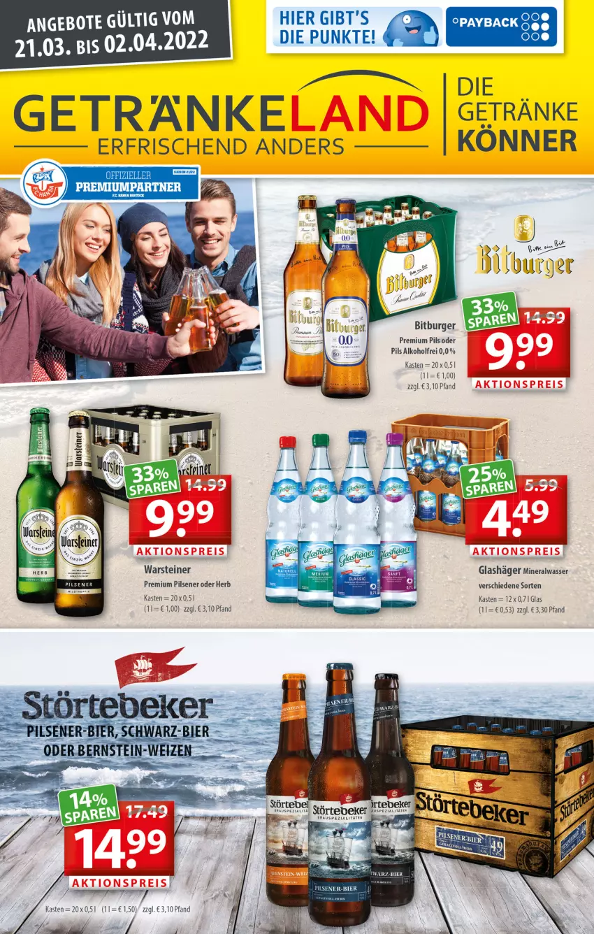 Aktueller Prospekt Getraenkeland - von 21.03 bis 02.04.2022 - strona 1 - produkty: alkohol, Alwa, bitburger, burger, elle, getränk, getränke, mineralwasser, pils, pilsener, premium pils, Spezi, steiner, warsteiner, wasser