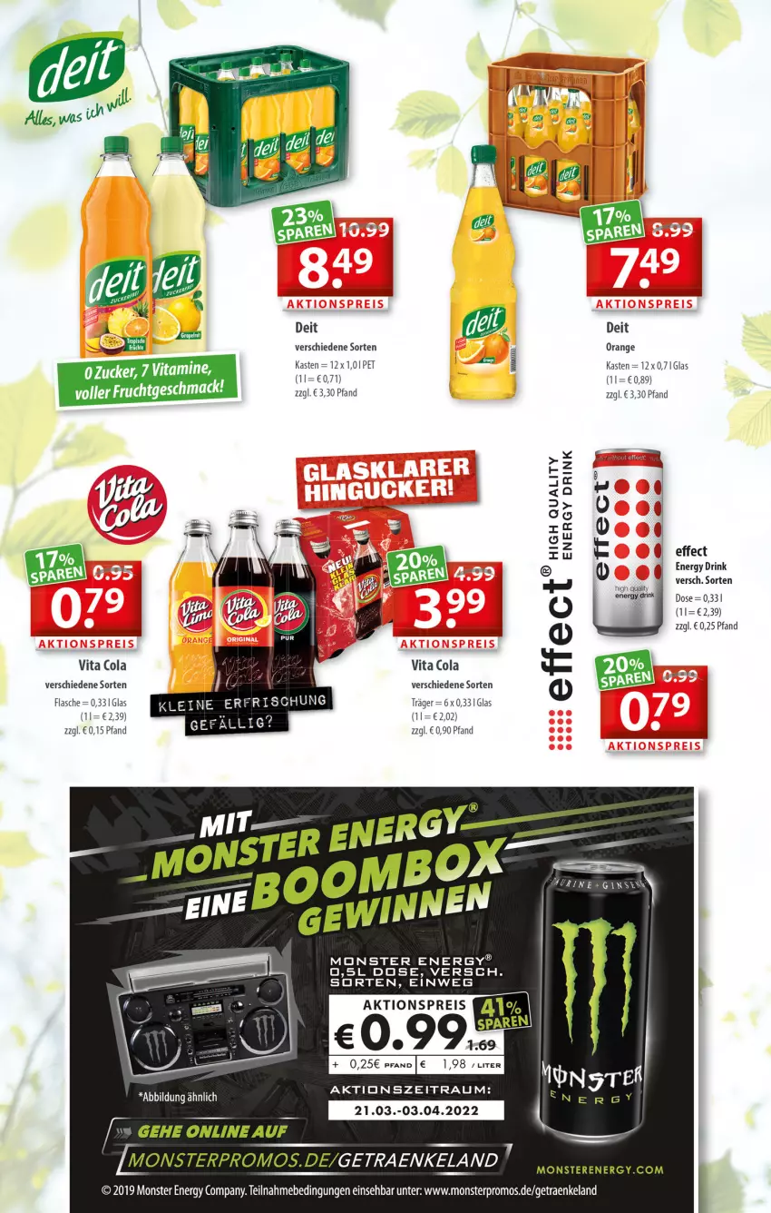 Aktueller Prospekt Getraenkeland - von 21.03 bis 02.04.2022 - strona 4 - produkty: aktionspreis, cola, deit, drink, Effect, eis, Elan, energy drink, flasche, monster, Monster Energy, orange, reis, Ti, vita, Vita C, zucker