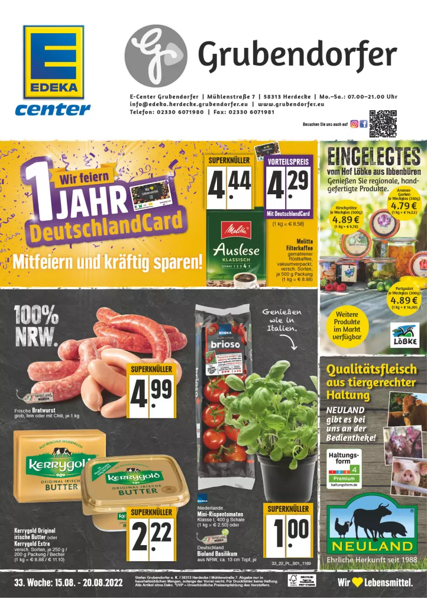 Aktueller Prospekt E Center - Angebote der Woche - von 15.08 bis 20.08.2022 - strona 1 - produkty: aldi, basilikum, bio, bioland, chili, decke, deka, deutschlandcard, ente, erde, kerrygold, kerrygold extra, mini-rispentomaten, rispentomaten, Schal, Schale, telefon, Ti, tomate, tomaten, topf, uhr