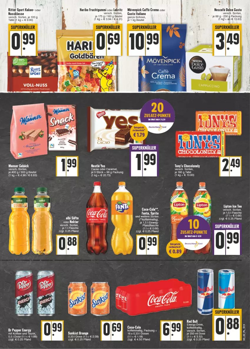 Aktueller Prospekt E Center - Angebote der Woche - von 15.08 bis 20.08.2022 - strona 13 - produkty: beutel, bohne, bohnen, caffe, Cap, cappuccino, caramel, cin, coca-cola, cola, dolce gusto, drink, energy drink, flasche, frucht, fruchtgummi, haribo, ice tea, kakao, Lakritz, lipton, lipton ice tea, Manner, mövenpick, nescafe, oder lakritz, ritter, ritter sport, Sport, tee, Ti