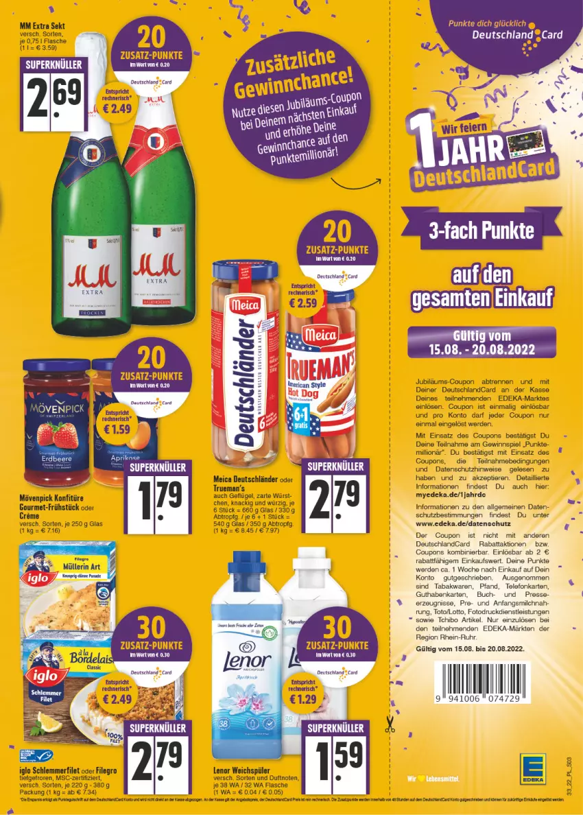 Aktueller Prospekt E Center - Angebote der Woche - von 15.08 bis 20.08.2022 - strona 3 - produkty: angebot, angebotspreis, buch, coupon, coupons, creme, deka, deutschland card, deutschlandcard, eis, ente, erde, filegro, filet, flasche, Geflügel, gewinnspiel, guthabenkarte, iglo, Jubiläums, konfitüre, lenor, lenor weichspüler, LG, lion, meica, milch, mm extra, mövenpick, Müller, müllerin art, reis, salz, schlemmerfilet, sekt, Tchibo, telefon, Ti, Tiere, uhr, weichspüler