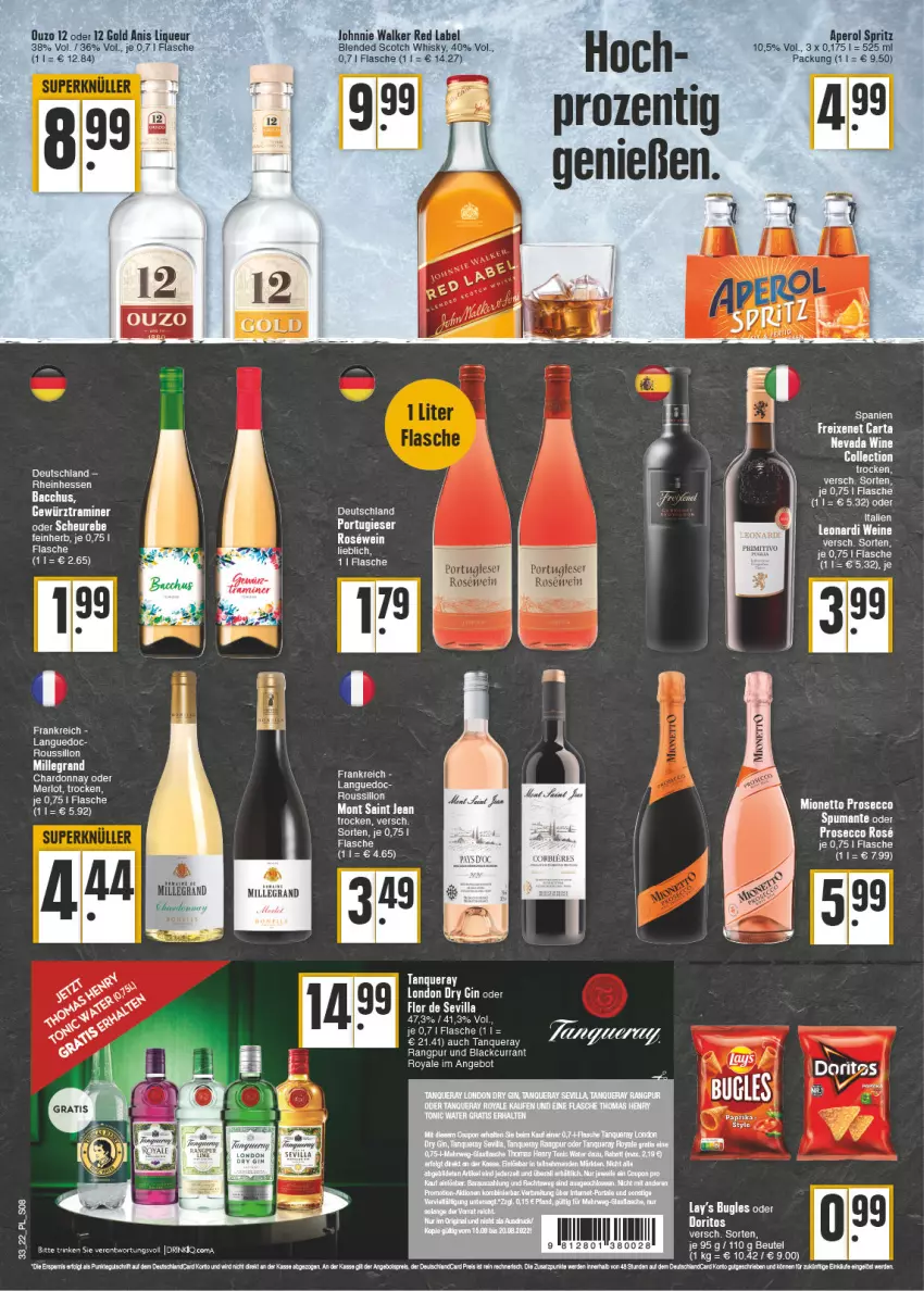 Aktueller Prospekt E Center - Angebote der Woche - von 15.08 bis 20.08.2022 - strona 8 - produkty: angebot, aperol, beutel, blended scotch, blended scotch whisky, bugles, chardonnay, Currant, deutschlandcard, eis, flasche, freixenet, Heu, johnnie walker, lack, lays, merl, merlot, ouzo, ouzo 12, puma, reis, salz, scotch, scotch whisky, spumante, Tanqueray, Ti, wein, whisky