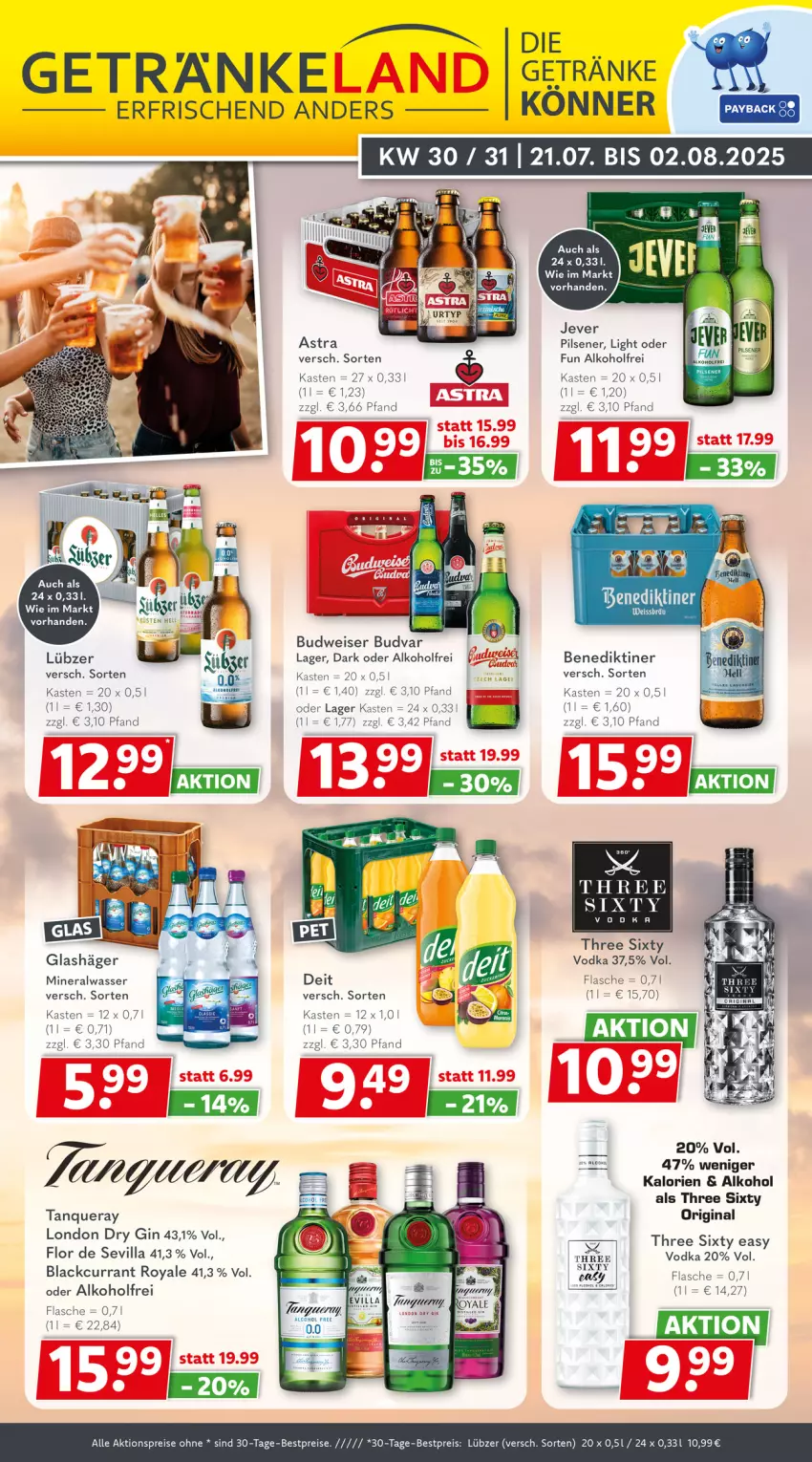 Aktueller Prospekt Getraenkeland - von 20.07 bis 01.08.2025 - strona 1 - produkty: aktionspreis, alkohol, Alwa, Astra, Benediktiner, bestpreis, bestpreise, budweiser, Currant, dry gin, eis, flasche, getränk, getränke, gin, lack, london dry, london dry gin, Lübzer, mineralwasser, pils, pilsener, reis, Tanqueray, tee, Three Sixty, Ti, vodka, wasser