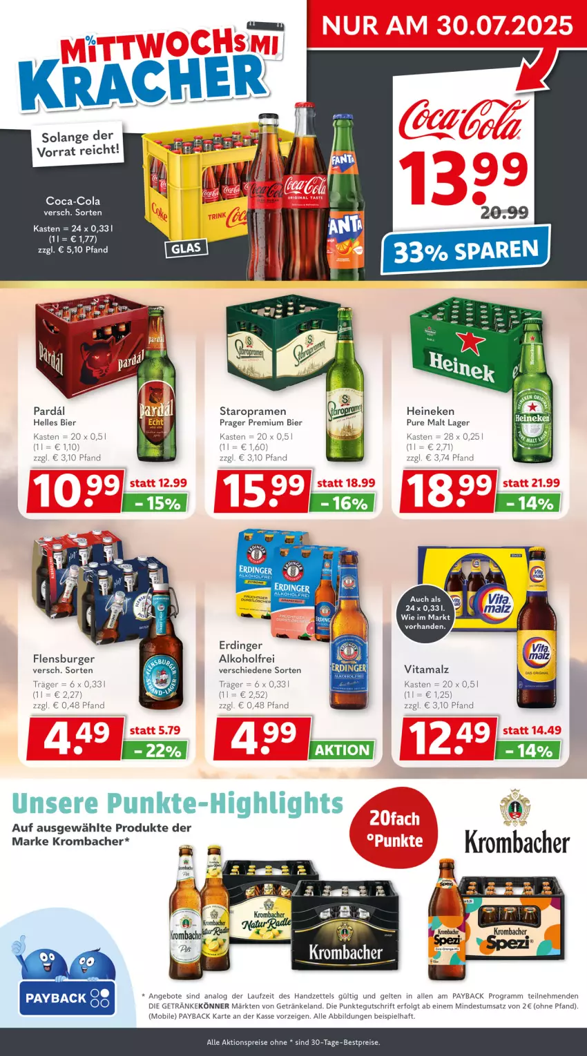 Aktueller Prospekt Getraenkeland - von 20.07 bis 01.08.2025 - strona 3 - produkty: aktionspreis, alkohol, angebot, angebote, bestpreis, bestpreise, bier, burger, coca-cola, cola, durstlöscher, eis, Elan, elle, erdinger, flensburger, getränk, getränke, heineken, krombache, krombacher, LG, malz, payback, reis, Staropramen, Ti, vita, vitamalz