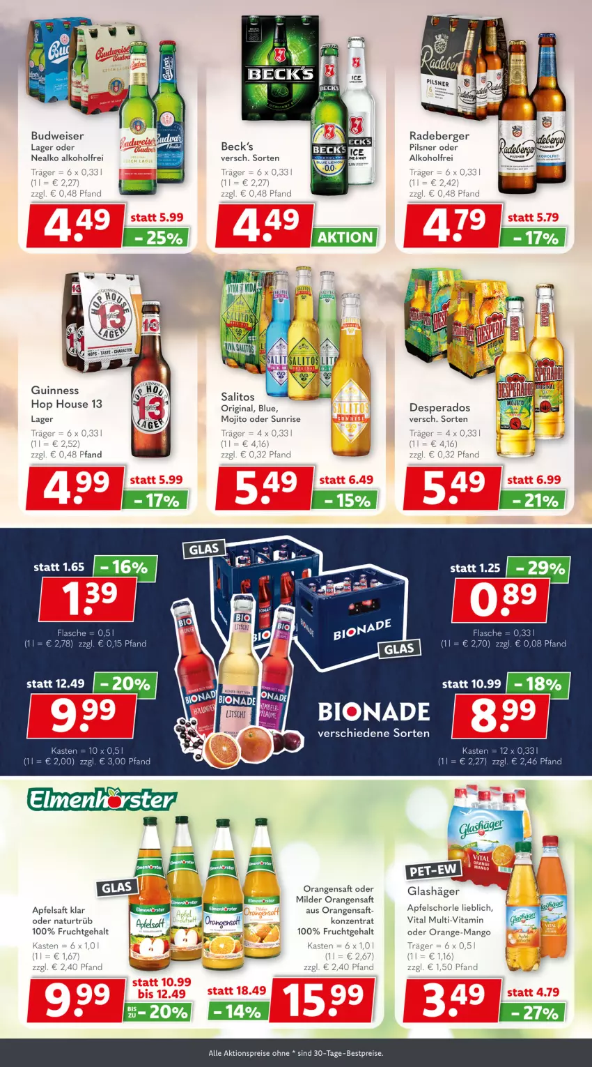 Aktueller Prospekt Getraenkeland - von 20.07 bis 01.08.2025 - strona 4 - produkty: aktionspreis, alkohol, apfel, apfelsaft, Apfelschorle, becks, Berger, bestpreis, bestpreise, bio, bionade, budweiser, desperados, eis, flasche, frucht, gin, Guinness, mango, mojito, natur, orange, orangen, orangensaft, pils, pilsner, radeberger, reis, saft, schorle, Ti, vita, Yo