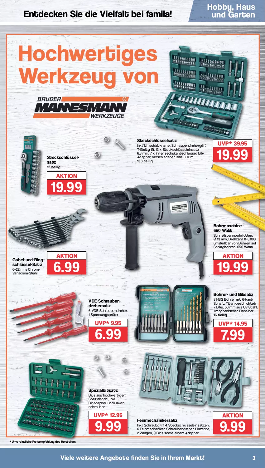 Aktueller Prospekt Famila - Prospekte - von 30.01 bis 04.02.2023 - strona 3 - produkty: adapter, angebot, angebote, decke, eis, elle, gabel, Garten, Hobby, Nike, Pinzette, reis, ring, Schal, schrauben, Schraubendreher, Spezi, Steckschlüsselsatz, teller, Ti, tisch, werkzeug, Zangen