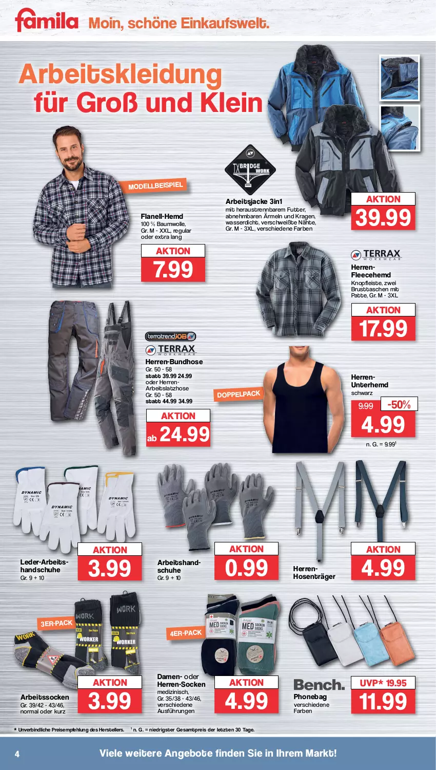 Aktueller Prospekt Famila - Prospekte - von 30.01 bis 04.02.2023 - strona 4 - produkty: angebot, angebote, Arbeitssocken, aust, Bau, baumwolle, eis, elle, handschuhe, hemd, herren-socken, hose, hosen, Jacke, kleid, Kleidung, Latzhose, Mode, reis, schuhe, socken, Tasche, taschen, teller, Ti, Unterhemd, wasser, wolle, ZTE