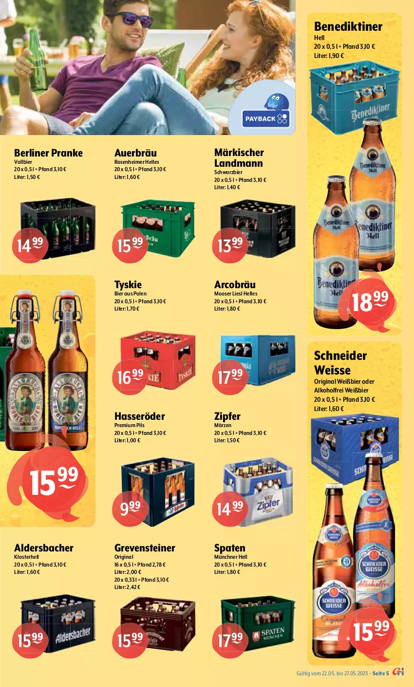 Aktueller Prospekt Getraenke Hoffmann - Prospekte - von 22.05 bis 27.05.2023 - strona 5 - produkty: Aldersbacher, alkohol, Alpirsbacher, auer, Benediktiner, Berger, berliner, bier, burger, eimer, eis, elle, erdinger, flensburger, Freiberger, Gessner, gin, grevensteiner, hasseröder, LG, natur, Paula, paulaner, pils, premium pils, radler, rosen, Spaten, steiner, Sternburg, Ti, tyskie, Zipfer