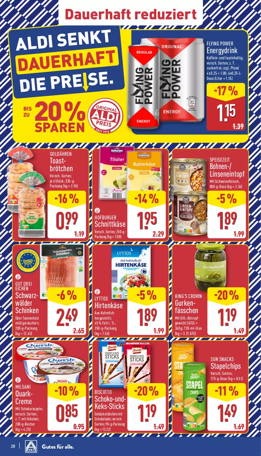 Aktueller Prospekt Aldi Nord - Von Montag - von 16.06 bis 21.06.2025 - strona 28 - produkty: alkohol, auer, Becher, biscotto, bohne, bohnen, brötchen, burger, chips, creme, drink, eintopf, eis, fleisch, gurke, gurken, hirtenkäse, Holz, Käse, keks, linsen, milch, ndk, quark, schinken, schnittkäse, schoko, schokolade, schwarzwälder schinken, schwein, schweine, schweinefleisch, snack, snacks, Sun Snacks, Ti, toast, topf, wein, weine, zucker