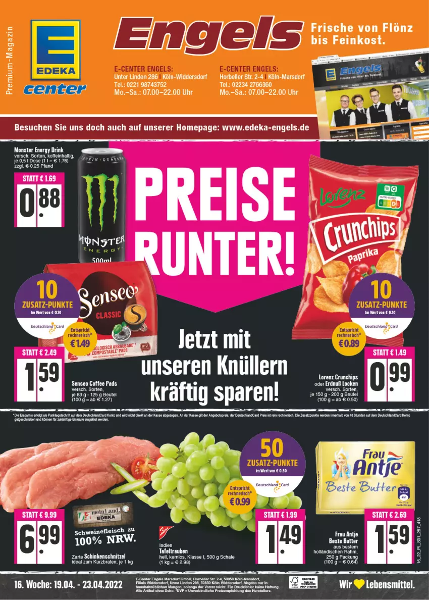 Aktueller Prospekt E Center - Angebote der Woche - von 18.04 bis 23.04.2022 - strona 1 - produkty: angebot, angebotspreis, beutel, deka, deutschlandcard, drink, eier, eis, elle, energy drink, Engel, ente, erde, feinkost, LG, magazin, mars, monster, Monster Energy, Omep, reis, reiss, Schal, Schale, schnitzel, senseo, tafeltrauben, tee, teller, Ti, trauben, uhr, Yo