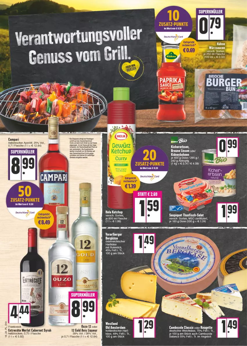 Aktueller Prospekt E Center - Angebote der Woche - von 18.04 bis 23.04.2022 - strona 10 - produkty: angebot, aperitif, Berger, bohne, bohnen, cabernet, cambozola, campari, deutscher weichkäse, deutschlandcard, erde, fisch, flasche, Hela, Käse, ketchup, kidney, Kühne, LG, liqueur, merl, merlot, milch, ouzo, ouzo 12, rouge, rougette, salat, sauce, saucen, saupiquet, tee, thunfisch, Ti, weichkäse, würzsauce, würzsaucen