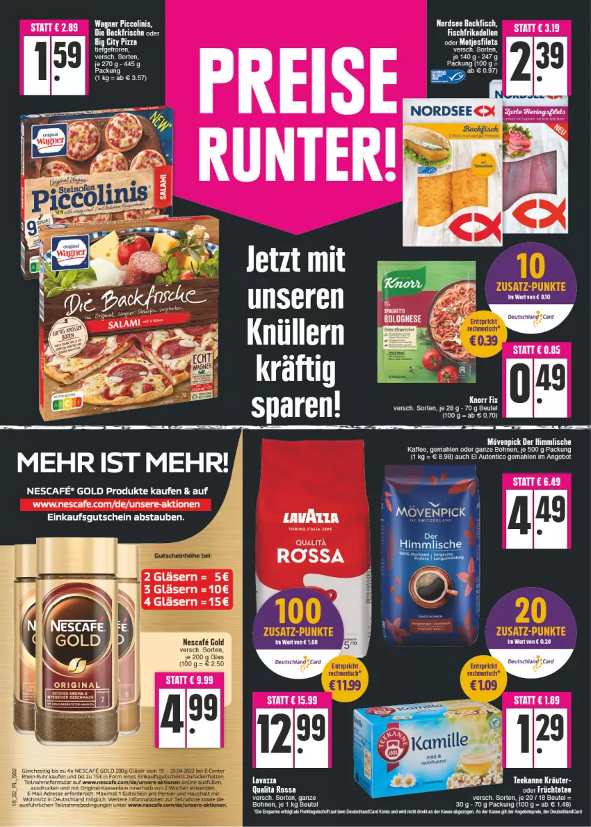 Aktueller Prospekt E Center - Angebote der Woche - von 18.04 bis 23.04.2022 - strona 2 - produkty: angebot, angebotspreis, backfisch, beutel, bohne, bohnen, dell, deutschlandcard, eier, eis, elle, filet, filets, fisch, frikadellen, früchte, Früchtetee, gin, Gläser, gutschein, kaffee, Käse, lavazza, LG, matjes, Matjesfilet, matjesfilets, mövenpick, nescafe, Nordsee, pizza, reis, tee, Ti, wagner