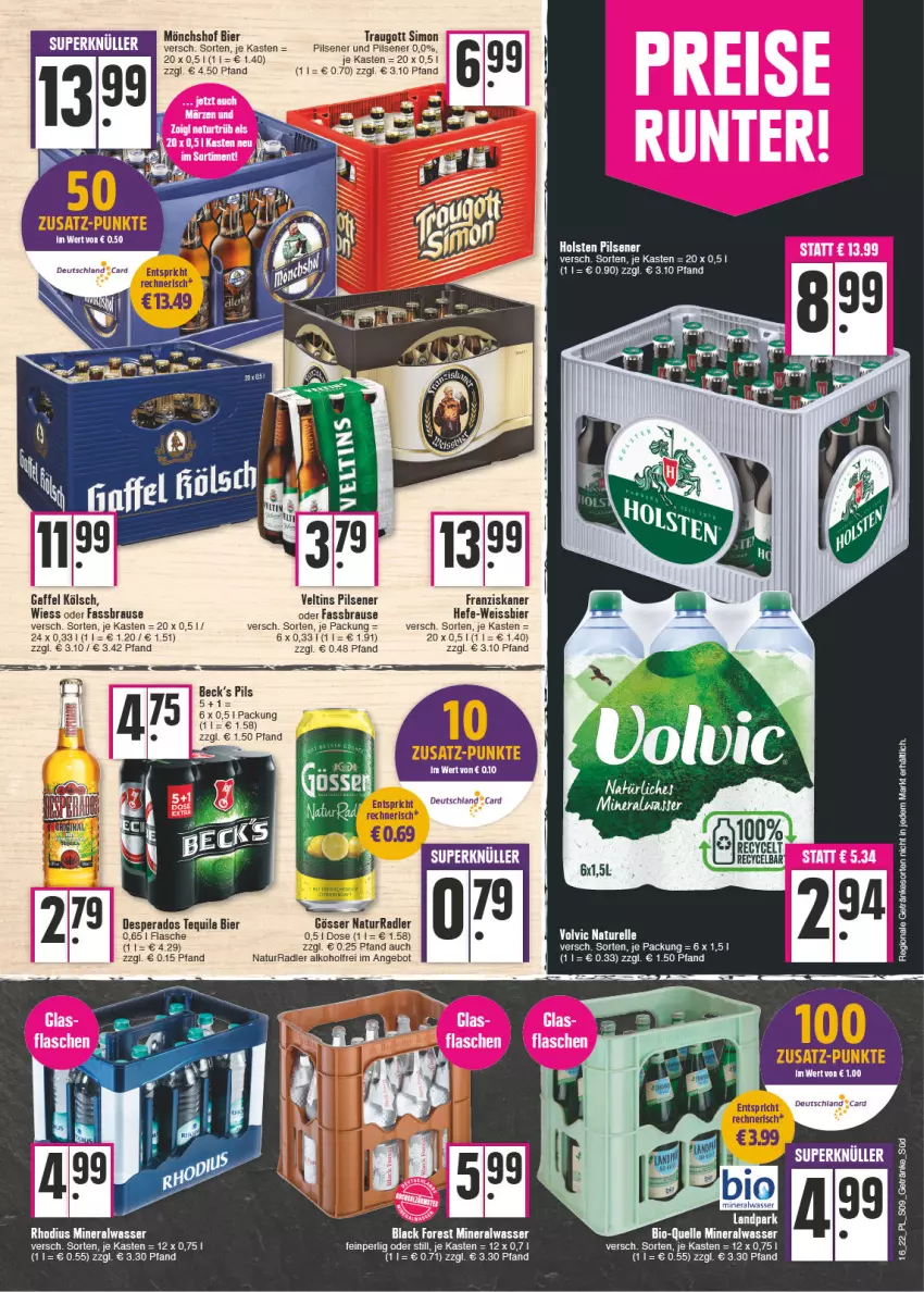 Aktueller Prospekt E Center - Angebote der Woche - von 18.04 bis 23.04.2022 - strona 9 - produkty: alkohol, Alwa, angebot, bier, bio, black forest, Brei, desperados, eis, elle, flasche, franziskaner, gösser, Hefe, holsten, holsten pilsener, lack, mineralwasser, mönchshof, natur, pils, pilsener, radler, rel, sim, tee, tequila, Ti, veltins, veltins pilsener, wasser, weissbier