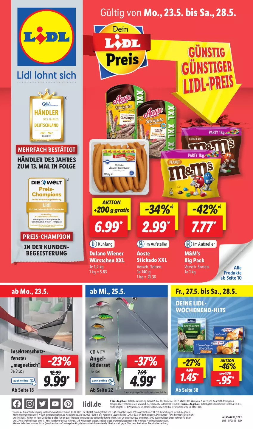 Aktueller Prospekt Lidl - Aktionsprospekt - von 23.05 bis 28.05.2022 - strona 1 - produkty: angebot, angebote, aoste stickado, Bad, bio, champion, crivit, discount, dulano, eis, elle, erde, fenster, insektenschutz, Insektenschutzfenster, lebensmittel, LG, Liege, preisvorteil, pril, Rauch, reis, sekt, stickado, teller, Ti, tisch, wiener, wiener würstchen, würstchen, ZTE